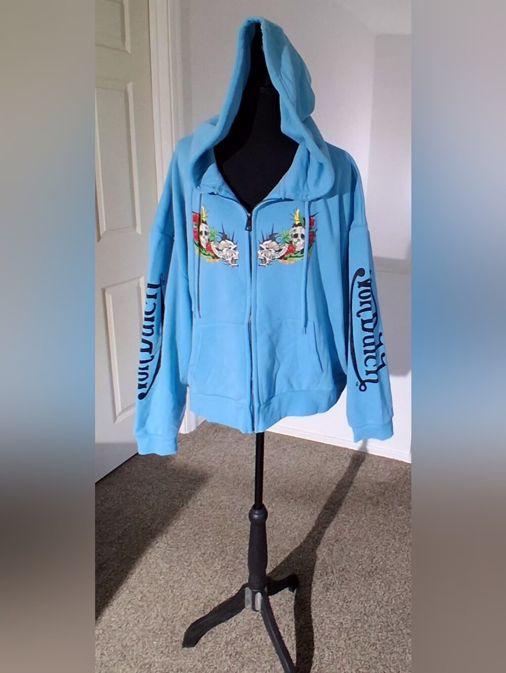 Von Dutch Light Blue Hoodie with Chest Tattoo Graphics